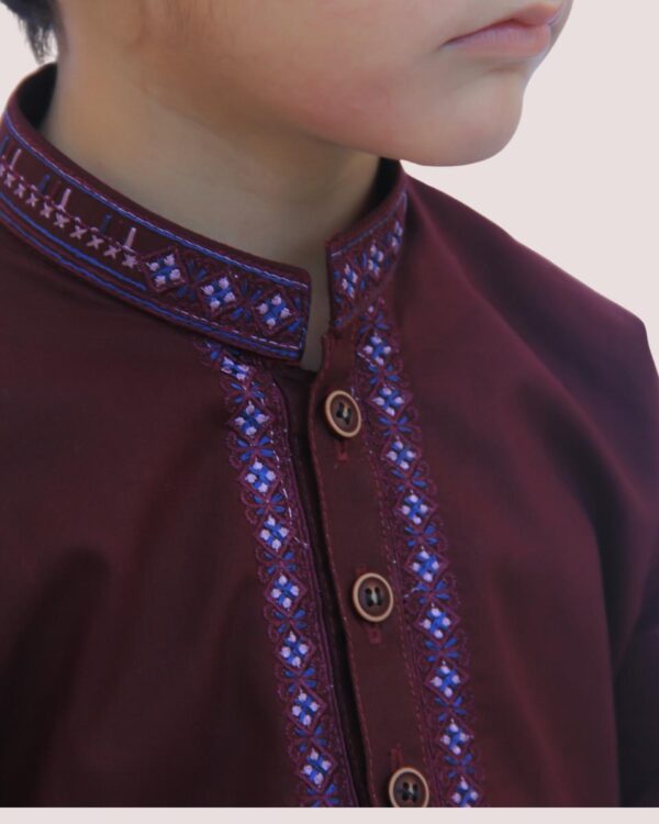 Khaiss. introduced best quality cloths Maroon color cotton embroided kurta for kids children picture online shopping in islamabad rawalpindi peshawar nowshera lahore karachi pakistan