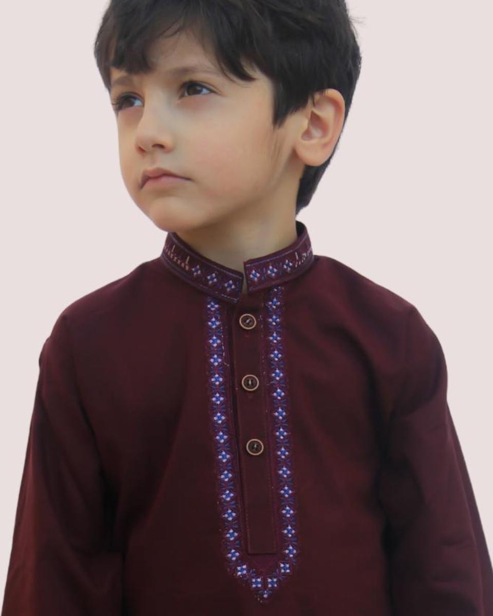 Khaiss. introduced best quality cloths unique Maroon color cotton embroided kurta for kids children picture online shopping in islamabad rawalpindi peshawar nowshera lahore karachi pakistan